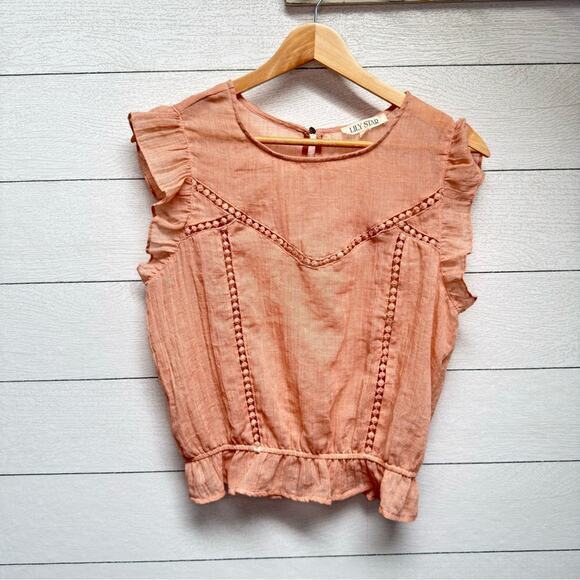 Lily Star Tops - Lily Star Peach Ruffle Blouse Small Cottagecore Fairy Lace Trim Romantic Top